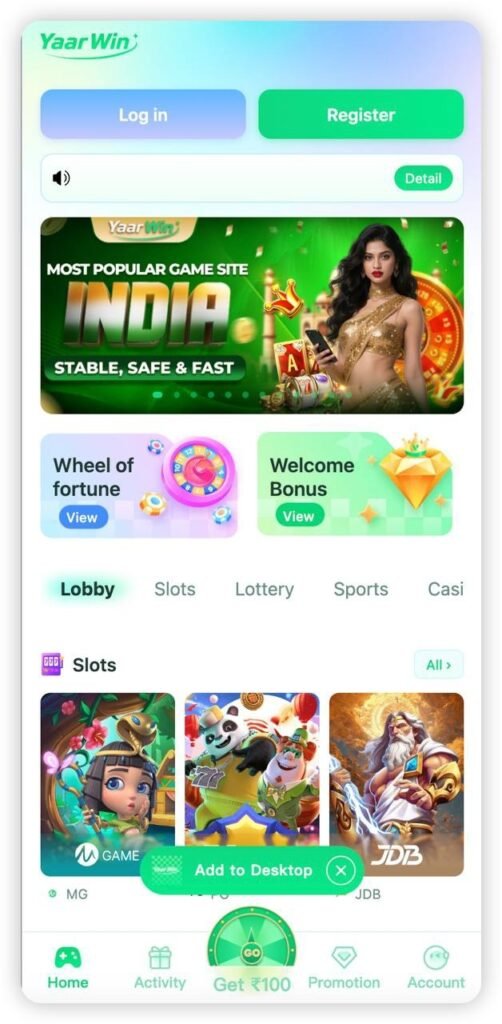 Yaar Win home page banner online gaming platform rewards bonuses India