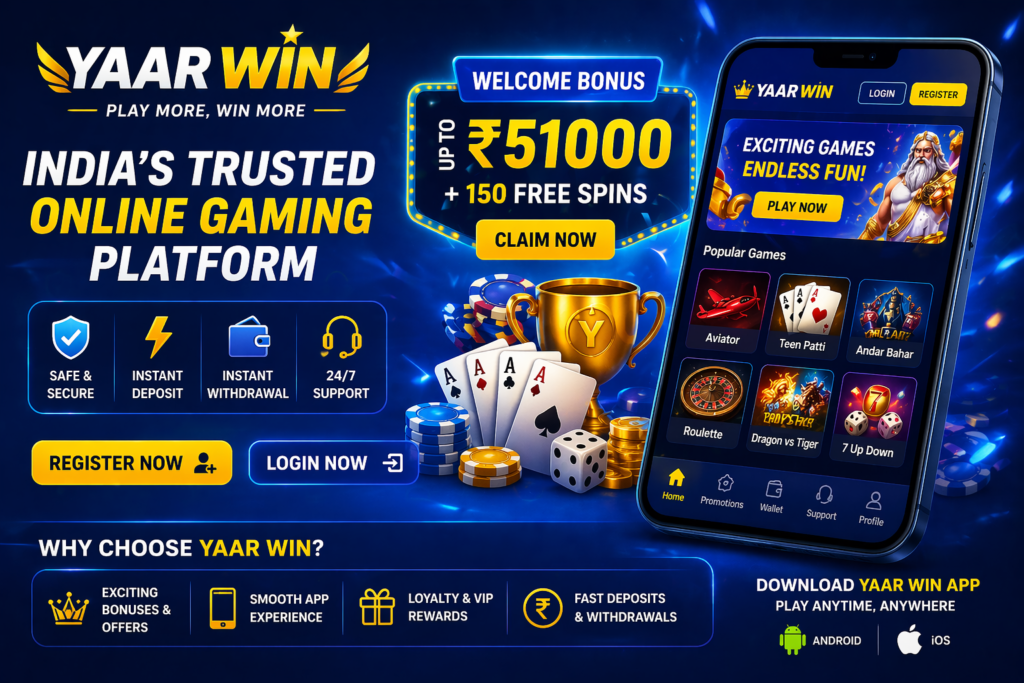 Yaar Win blue banner showing Yaar Win game login register and download options with interactive gaming platform
