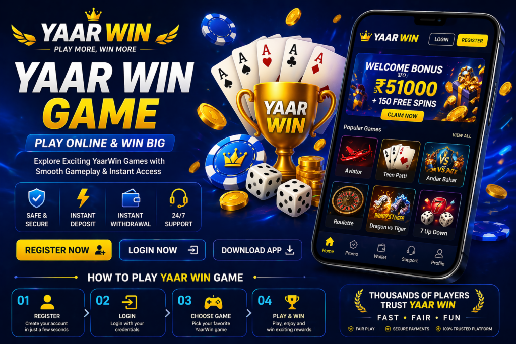 Yaar Win game banner showing play online option with login register and download features