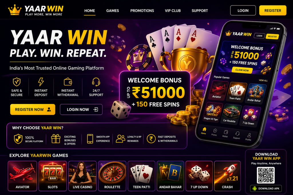Yaar Win game homepage banner showing Yaar Win login, register and game download options with multiple YaarWin games interface