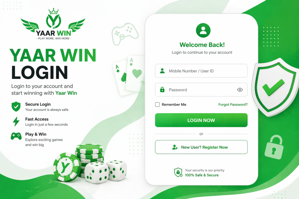 Yaar Win login banner with secure sign in form and register option in green theme