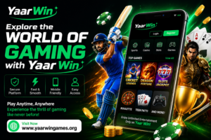 A player holding a smartphone displaying the Yaar Win Games home screen, showcasing online casino games and bonuses.
